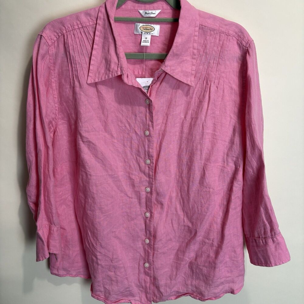 Talbots 100% Irish Linen Button Down Pintuck Pink Shirt 1X Coastal Classic